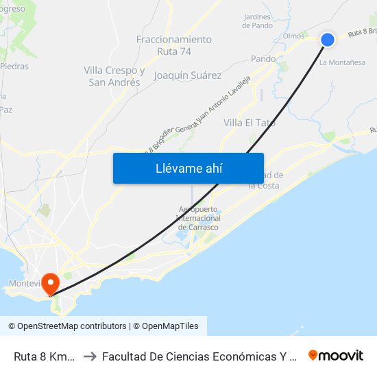 Ruta 8 Km37.500 to Facultad De Ciencias Económicas Y De Administración map