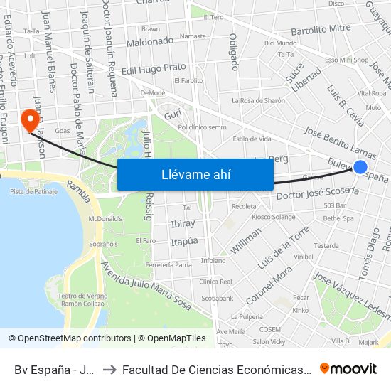 Bv España - Jose Ellauri to Facultad De Ciencias Económicas Y De Administración map