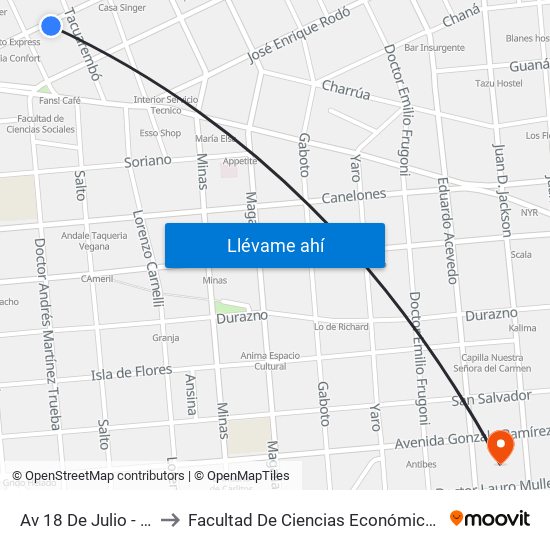 Av 18 De Julio - Tacuarembo to Facultad De Ciencias Económicas Y De Administración map