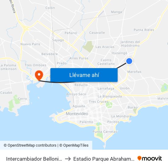 Intercambiador Belloni Andén 4 to Estadio Parque Abraham Paladino map