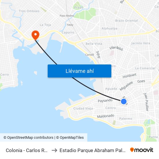 Colonia - Carlos Roxlo to Estadio Parque Abraham Paladino map