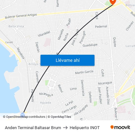 Anden Terminal Baltasar Brum to Helipuerto INOT map