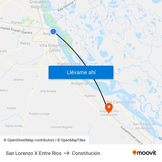 San Lorenzo X Entre Ríos to Constitución map