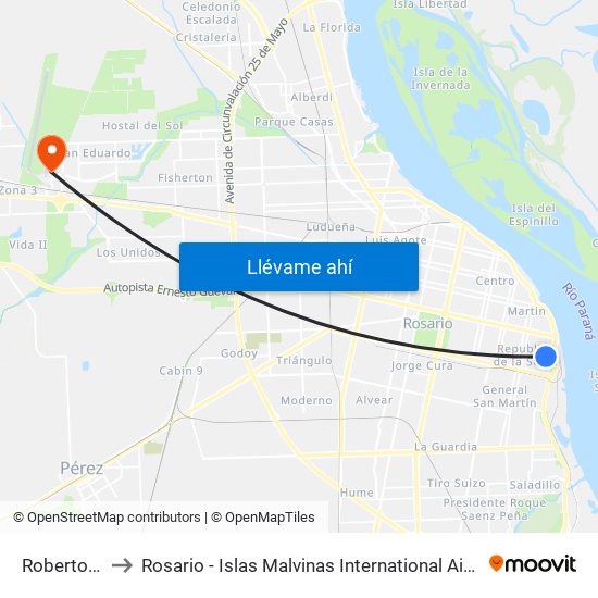 Roberto Bazán X Beruti to Rosario - Islas Malvinas International Airport (ROS) (Aeropuerto Internacional de Rosario - Islas M map