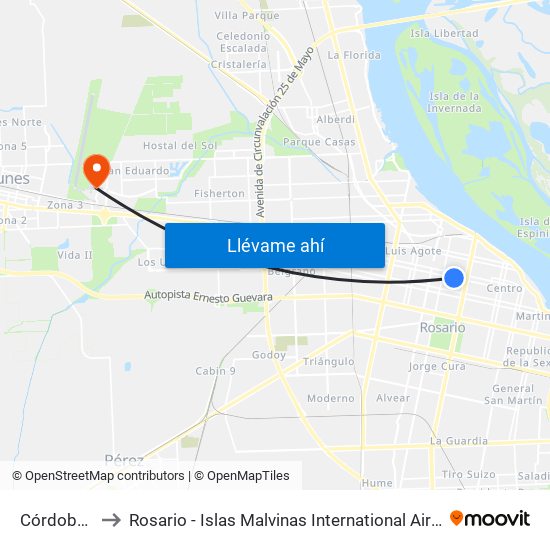 Córdoba X Pueyrredón to Rosario - Islas Malvinas International Airport (ROS) (Aeropuerto Internacional de Rosario - Islas M map