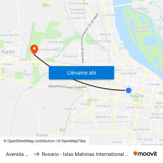 Avenida Pellegrini X Crespo to Rosario - Islas Malvinas International Airport (ROS) (Aeropuerto Internacional de Rosario - Islas M map