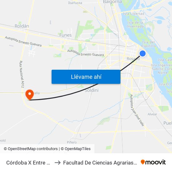 Córdoba X Entre Ríos to Facultad De Ciencias Agrarias - Unr map