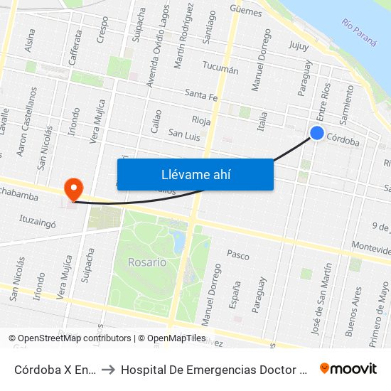 Córdoba X Entre Ríos to Hospital De Emergencias Doctor Clemente Álvarez map