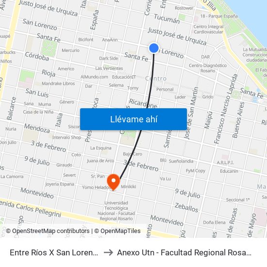 Entre Ríos X San Lorenzo to Anexo Utn - Facultad Regional Rosario map