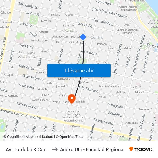 Av. Córdoba X Corrientes to Anexo Utn - Facultad Regional Rosario map