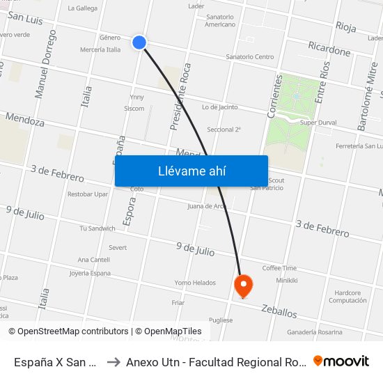 España X San Luis to Anexo Utn - Facultad Regional Rosario map