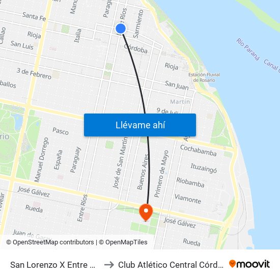 San Lorenzo X Entre Ríos to Club Atlético Central Córdoba map