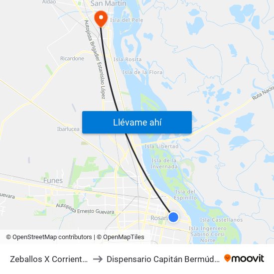 Zeballos X Corrientes to Dispensario Capitán Bermúdez map
