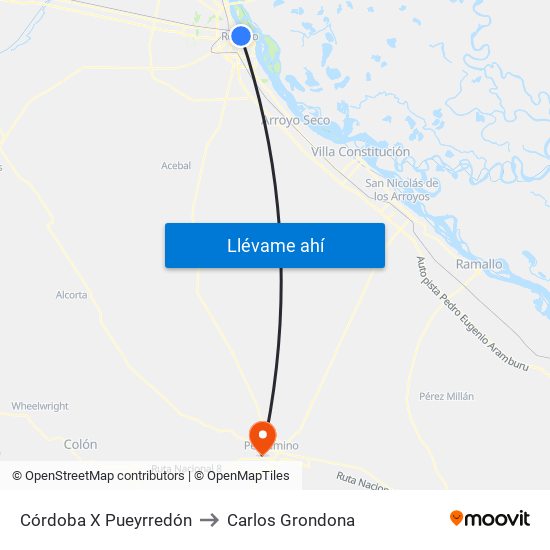 Córdoba X Pueyrredón to Carlos Grondona map