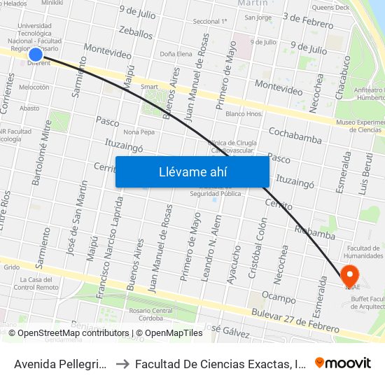 Avenida Pellegrini X Entre Ríos to Facultad De Ciencias Exactas, Ingeniería Y Agrimensura map