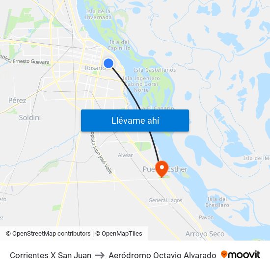 Corrientes X San Juan to Aeródromo Octavio Alvarado map