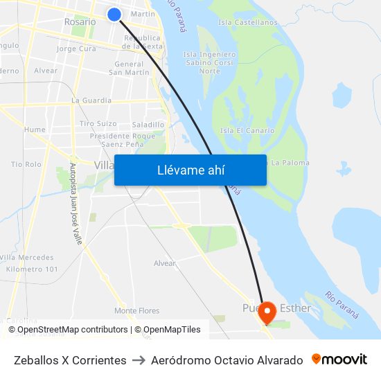 Zeballos X Corrientes to Aeródromo Octavio Alvarado map