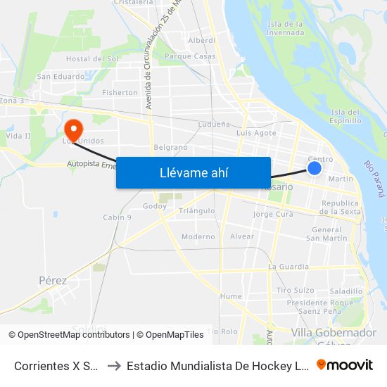 Corrientes X San Juan to Estadio Mundialista De Hockey Luciana Aymar map