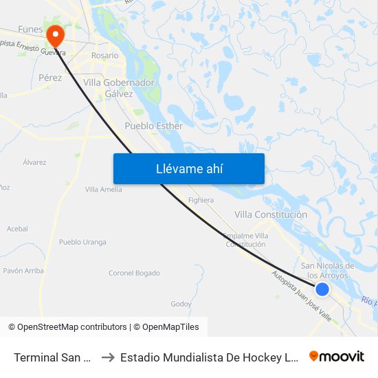 Terminal San Nicolás to Estadio Mundialista De Hockey Luciana Aymar map