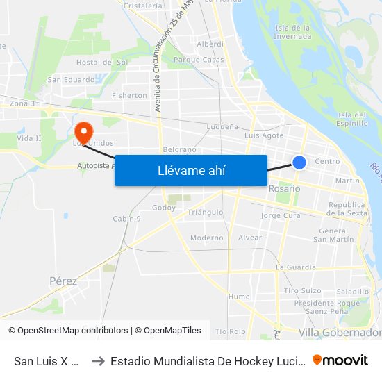 San Luis X Oroño to Estadio Mundialista De Hockey Luciana Aymar map