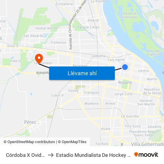 Córdoba X Ovidio Lagos to Estadio Mundialista De Hockey Luciana Aymar map