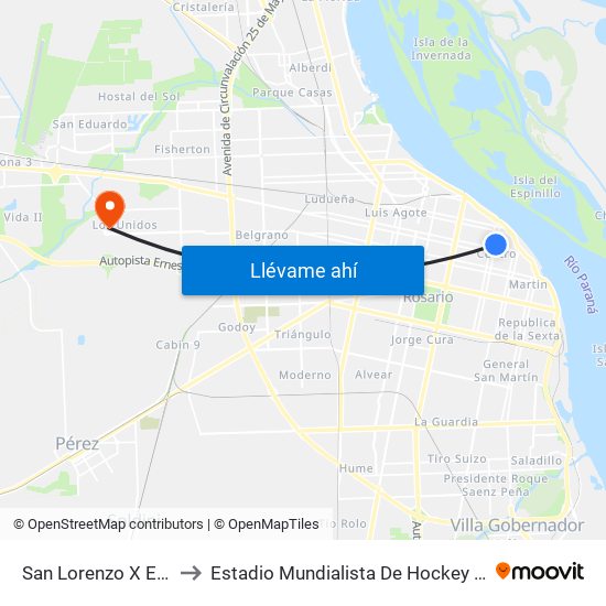 San Lorenzo X Entre Ríos to Estadio Mundialista De Hockey Luciana Aymar map