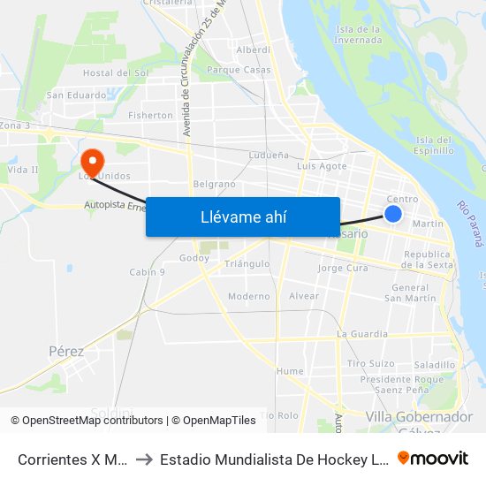 Corrientes X Mendoza to Estadio Mundialista De Hockey Luciana Aymar map