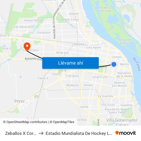 Zeballos X Corrientes to Estadio Mundialista De Hockey Luciana Aymar map