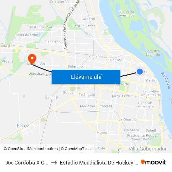 Av. Córdoba X Corrientes to Estadio Mundialista De Hockey Luciana Aymar map