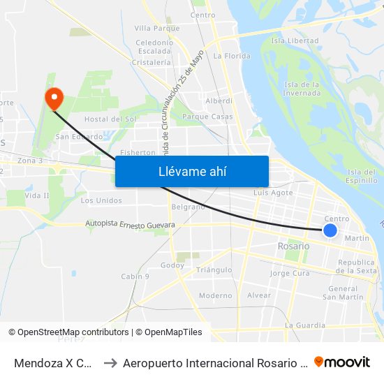 Mendoza X Corrientes to Aeropuerto Internacional Rosario "Islas Malvinas" map