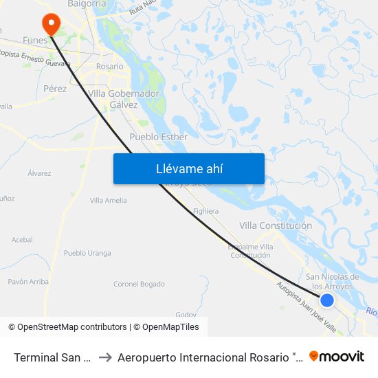 Terminal San Nicolás to Aeropuerto Internacional Rosario "Islas Malvinas" map