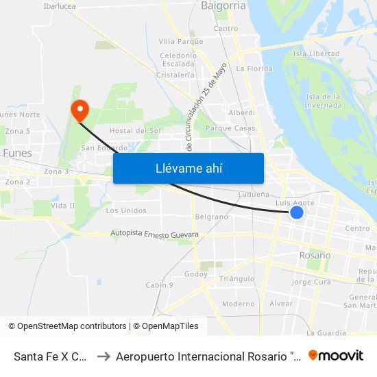 Santa Fe X Cafferata to Aeropuerto Internacional Rosario "Islas Malvinas" map