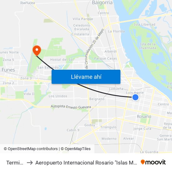 Terminal to Aeropuerto Internacional Rosario "Islas Malvinas" map