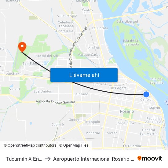 Tucumán X Entre Ríos to Aeropuerto Internacional Rosario "Islas Malvinas" map