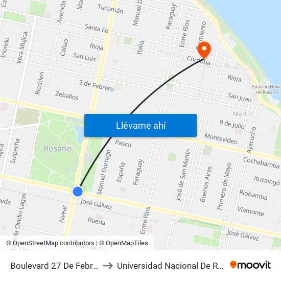 Boulevard 27 De Febrero, 2175 to Universidad Nacional De Rosario (Unr) map