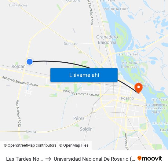 Las Tardes Norte to Universidad Nacional De Rosario (Unr) map