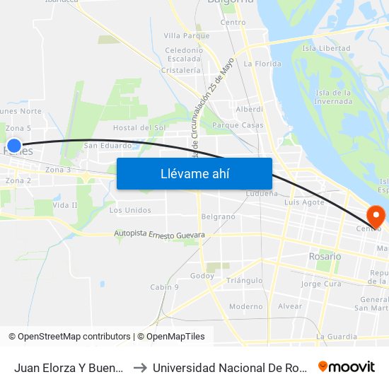 Juan Elorza Y Buenos Aires to Universidad Nacional De Rosario (Unr) map