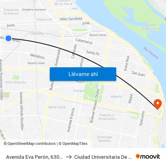 Avenida Eva Perón, 6301-6399 to Ciudad Universitaria De Rosario map