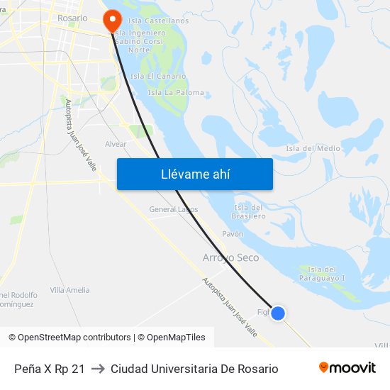 Peña X Rp 21 to Ciudad Universitaria De Rosario map