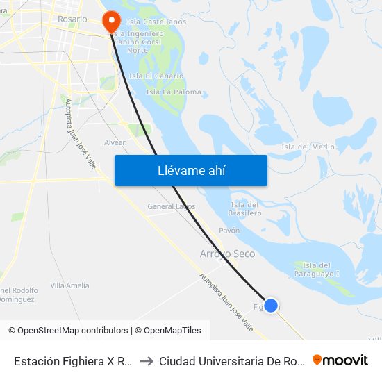 Estación Fighiera X Rp 21 to Ciudad Universitaria De Rosario map