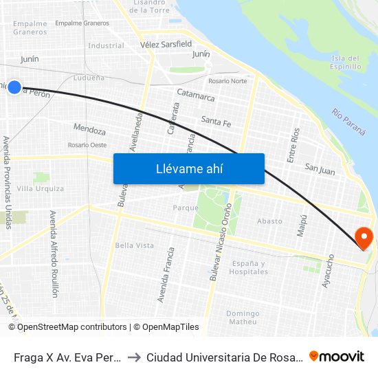 Fraga X Av. Eva Perón to Ciudad Universitaria De Rosario map