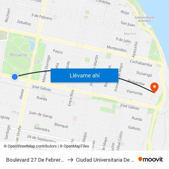 Boulevard 27 De Febrero, 2501 to Ciudad Universitaria De Rosario map