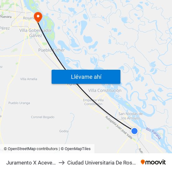 Juramento X Acevedo to Ciudad Universitaria De Rosario map