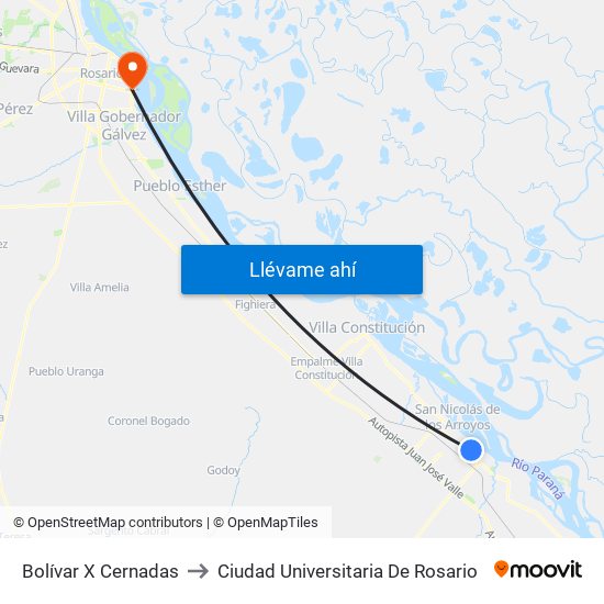 Bolívar X Cernadas to Ciudad Universitaria De Rosario map