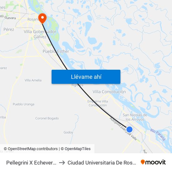 Pellegrini X Echeverría to Ciudad Universitaria De Rosario map