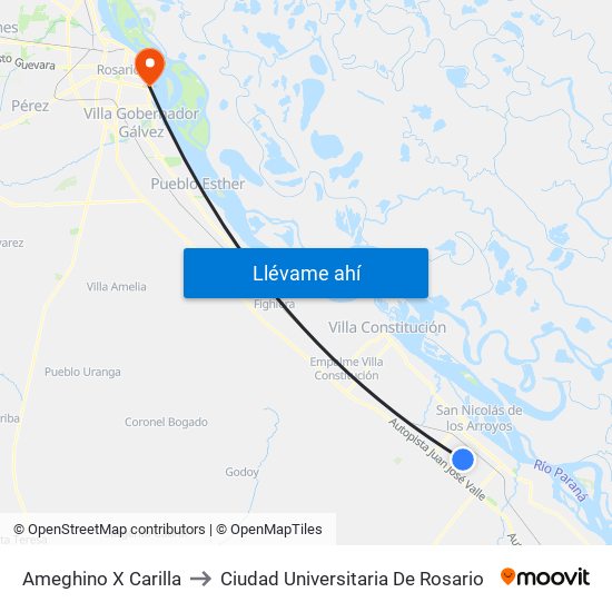 Ameghino X Carilla to Ciudad Universitaria De Rosario map