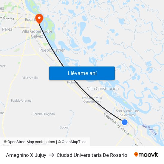 Ameghino X Jujuy to Ciudad Universitaria De Rosario map