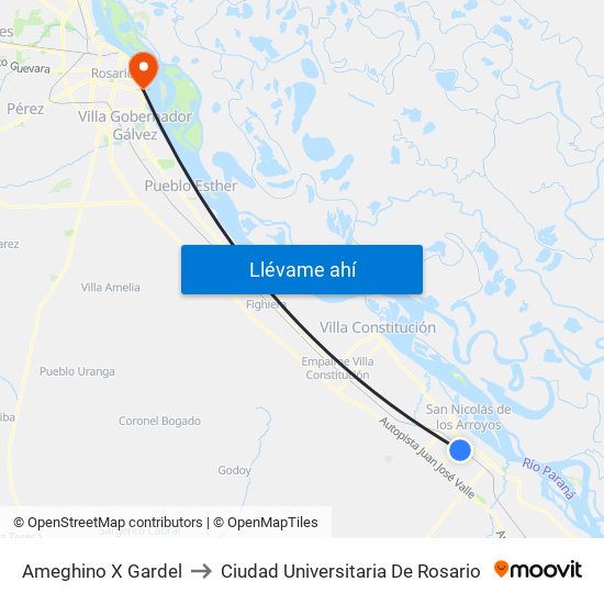 Ameghino X Gardel to Ciudad Universitaria De Rosario map