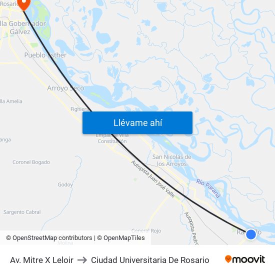 Av. Mitre X Leloir to Ciudad Universitaria De Rosario map