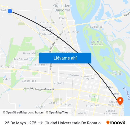 25 De Mayo 1275 to Ciudad Universitaria De Rosario map